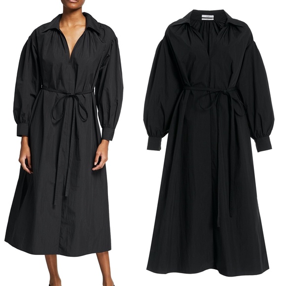 CO Essentials Long Sleeve V-Neck Poplin Midi Dress in Black Large L - Picture 1 of 10